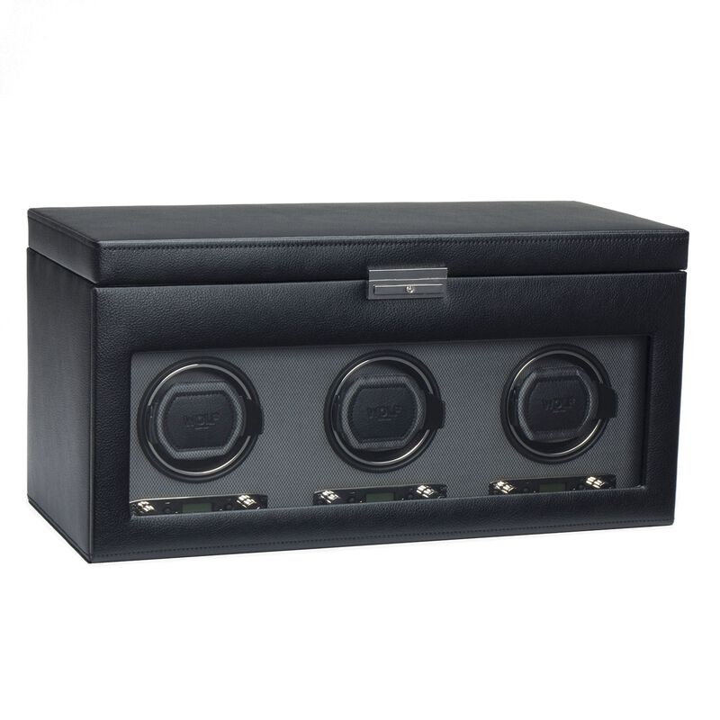 "Viceroy" Black Faux Leather Triple Watch Winder with Storage by Wolf Designs image number 0