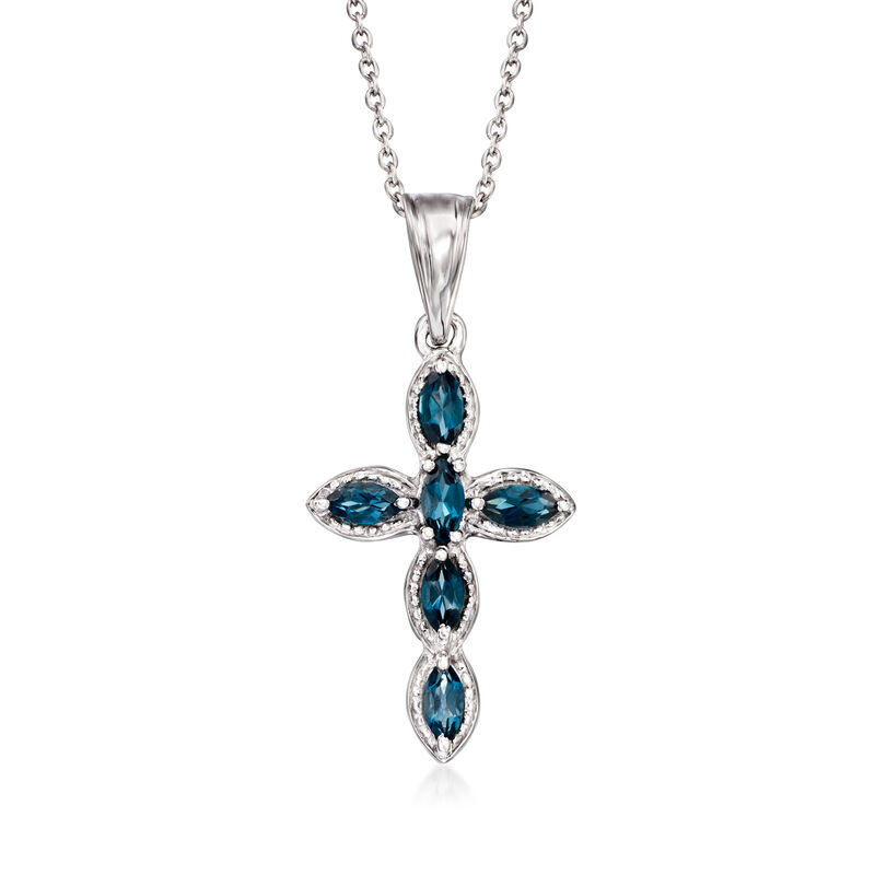 .90 ct. t.w. London Blue Topaz Cross Pendant Necklace in Sterling Silver. 18&quot; image number 1