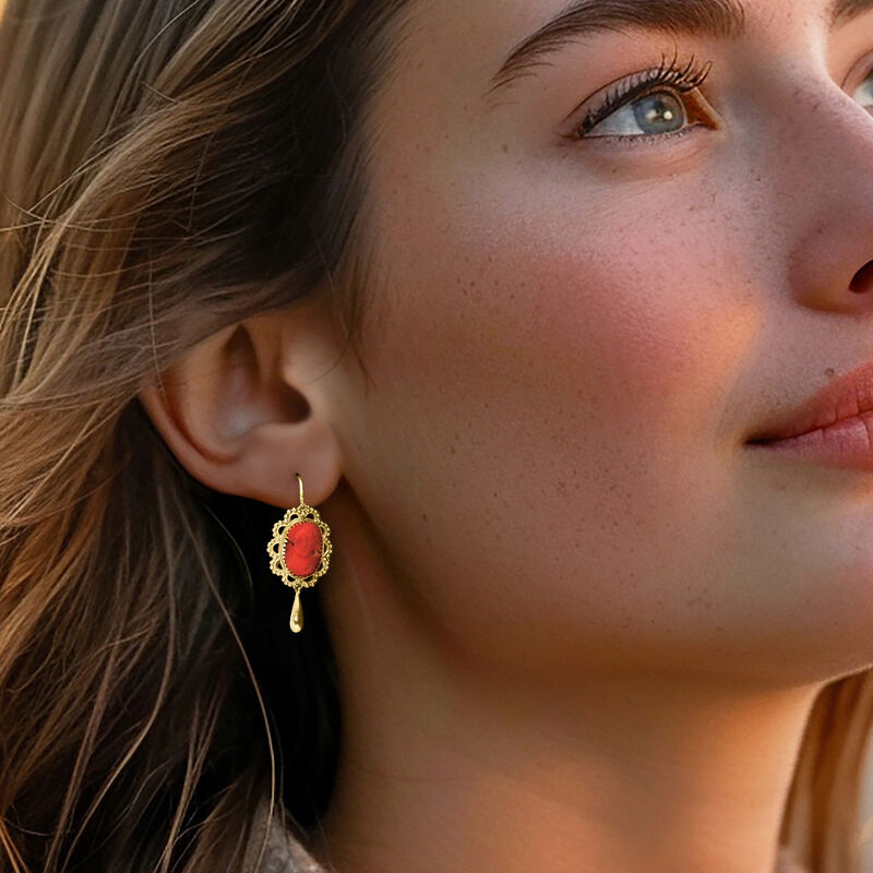 C. 1960 Vintage Coral Cameo Drop Earrings in 14kt Yellow Gold image number 1