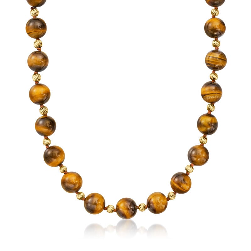 C. 1980 Vintage 15mm Tiger Eye Bead Necklace with 14kt Yellow Gold. 34&quot; image number 0