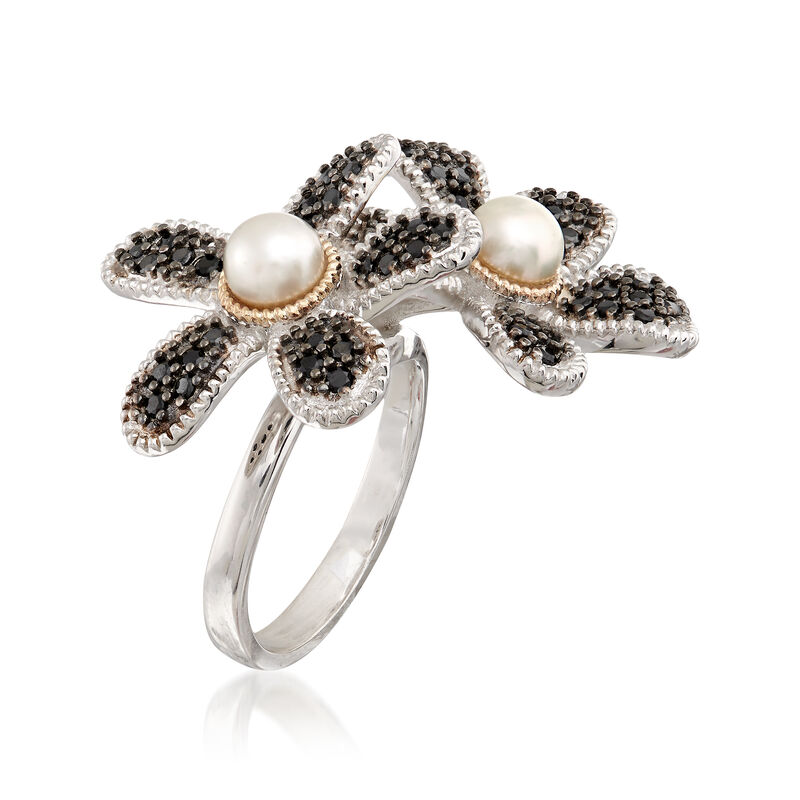 5-5.5mm Cultured Button Pearl and 1.10 ct. t.w. Black Spinel Flower Ring with 14kt Gold in Sterling Silver. Size 9 image number 2