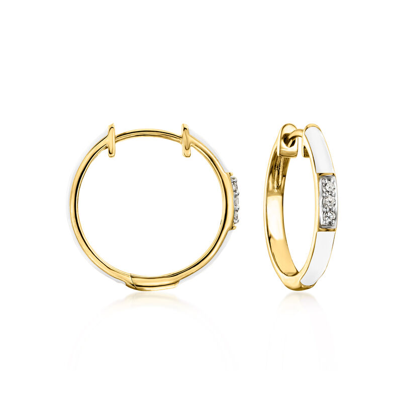 White Enamel Hoop Earrings with Diamonds in 18kt Gold Over Sterling. 5/8" image number 0