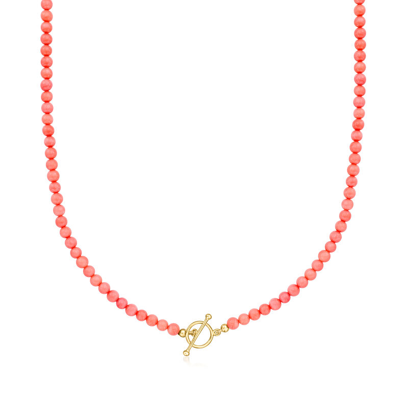 3.5-4mm Pink Coral Bead Charm-Compatible Toggle Necklace in 18kt Gold Over Sterling image number 0