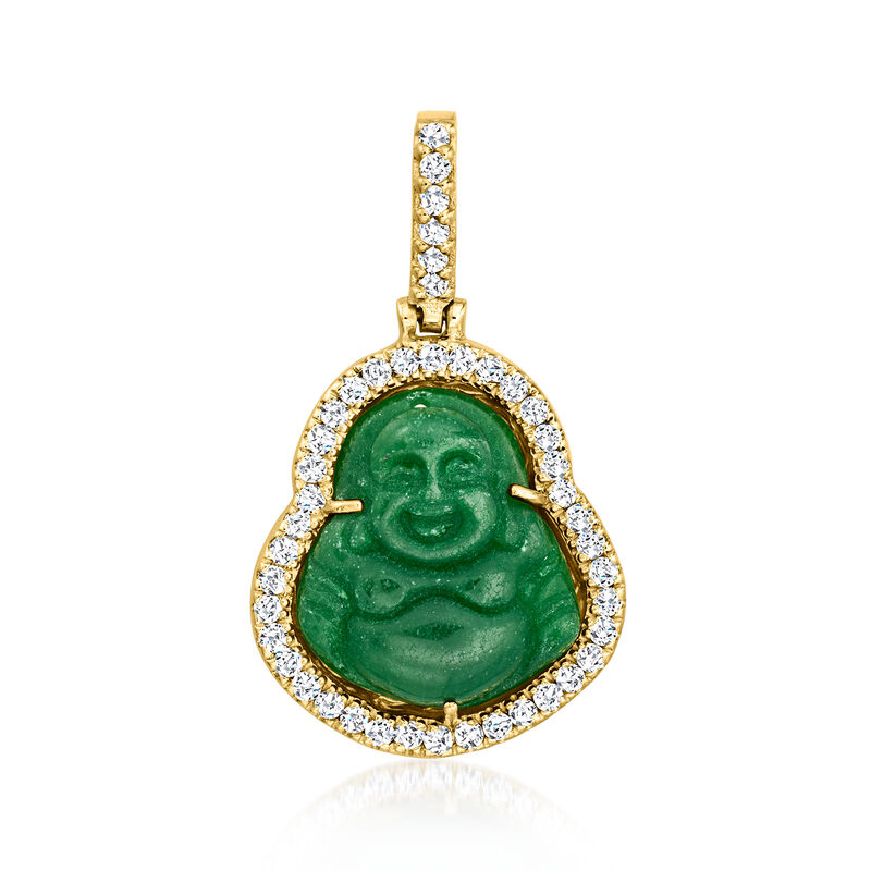 C. 1980 Vintage Green Chalcedony and .84 ct. t.w. Diamond Buddha Pendant in 14kt Yellow Gold  image number 0