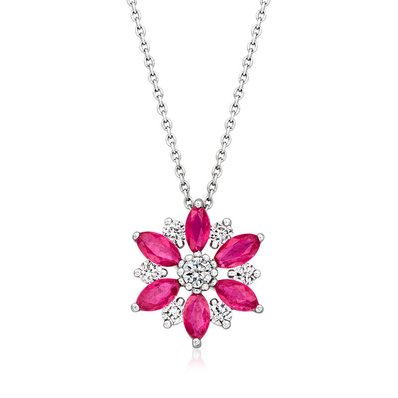 C. 1990 Vintage .50 ct. t.w. Ruby and .22 ct. t.w. Diamond Flower Pendant Necklace in 14kt White Gold image number 0
