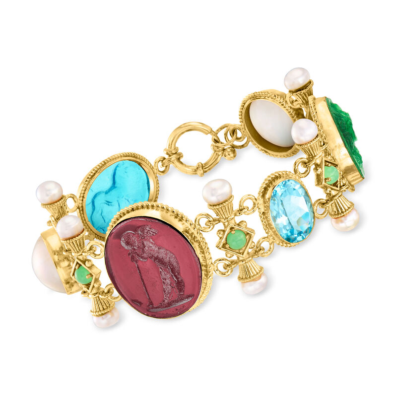 Italian Tagliamonte Multicolored Venetian Glass and 10.00 Carat Sky Blue Topaz Bracelet with Chrysoprase, 14-15mm Mabe Pearls and 6-6.5mm Cultured Pearls in 18kt Gold Over Sterling. 7.5&quot; image number 0