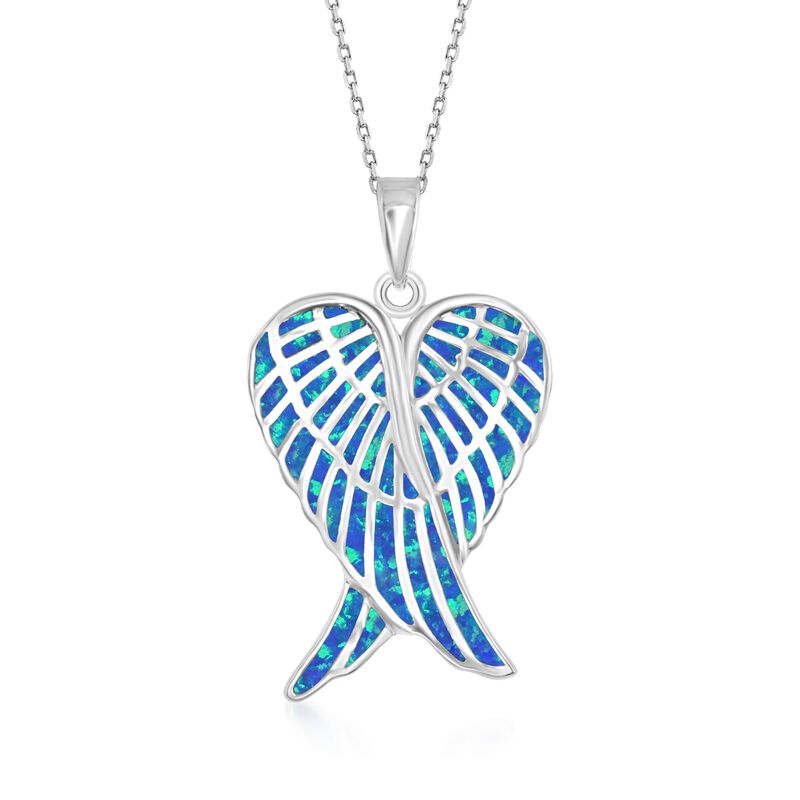 Blue Synthetic Opal Angel Wings Pendant Necklace in Sterling Silver. 18&quot; image number 1