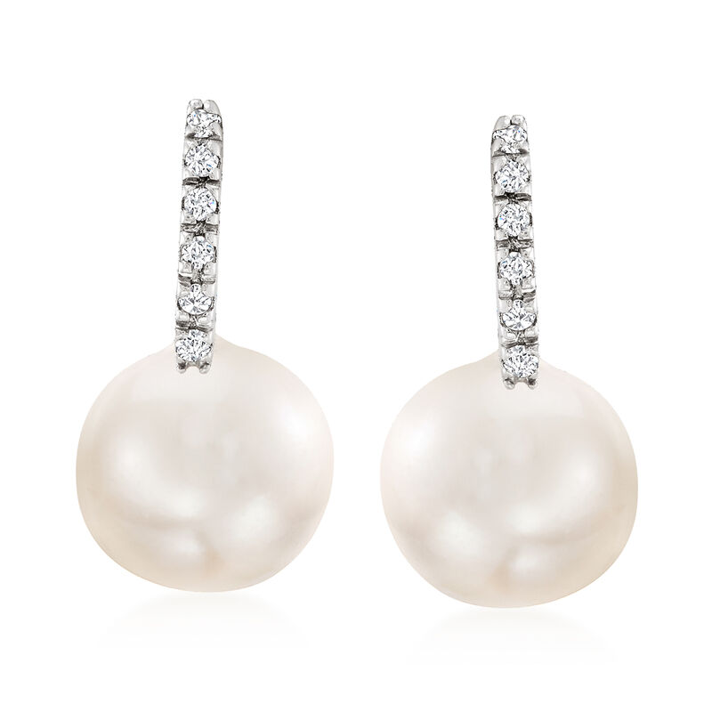 8-8.5mm Cultured Pearl Huggie Hoop Drop Earrings with Diamonds in 14kt White Gold. 5/8&quot; image number 0