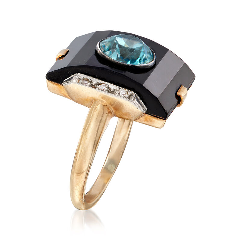 C. 1950 Vintage Black Onyx and 1.85 Carat Blue Zircon Ring With Diamond Accents in 14kt Yellow Gold image number 2