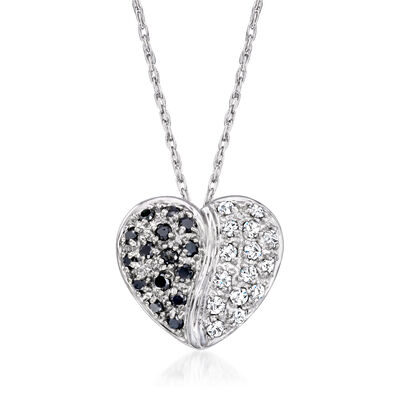 C. 1990 Vintage .50 ct. t.w. Black and White Diamond Heart Pendant Necklace in 14kt White Gold