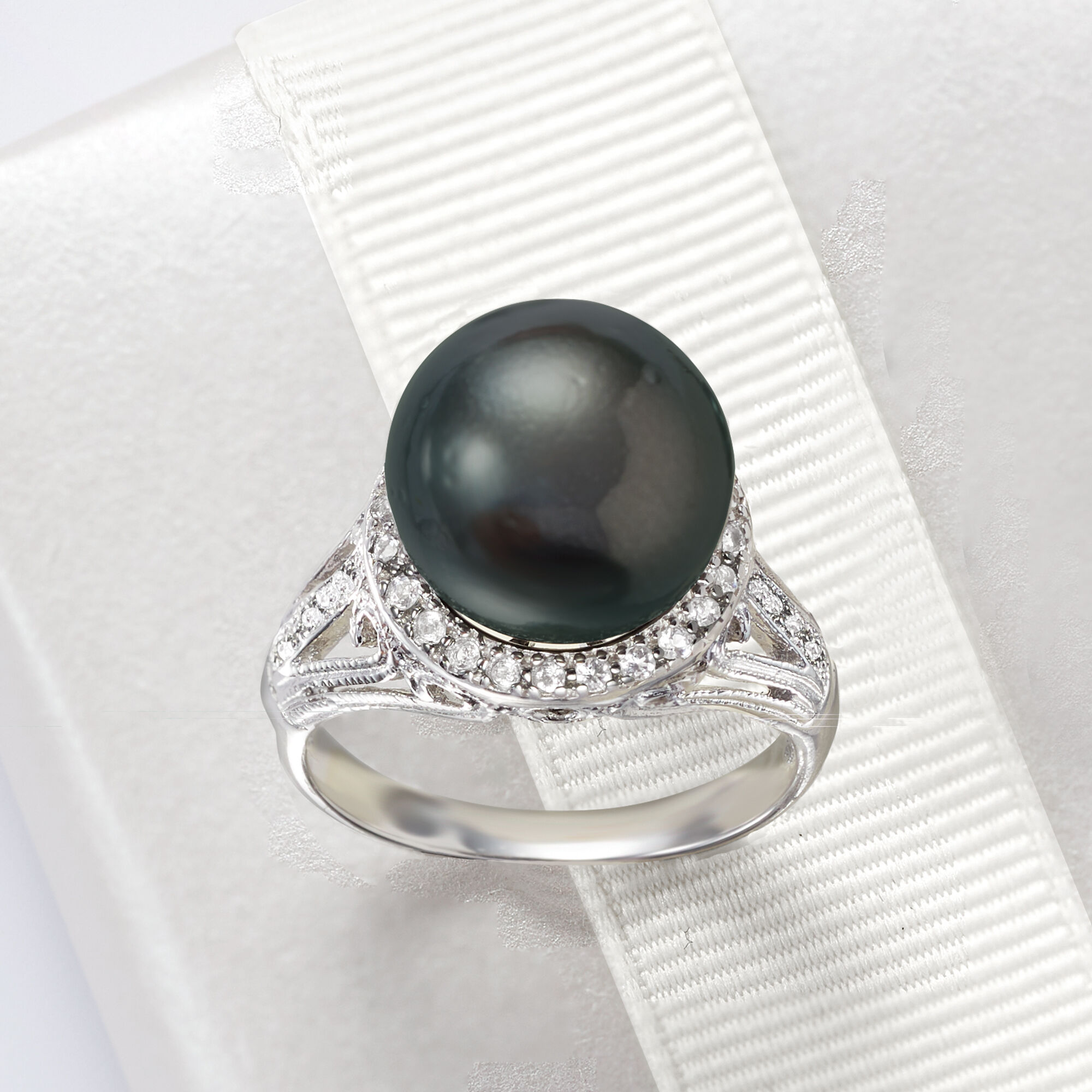 11-12mm Black Cultured Tahitian Pearl Ring with .20 ct. t.w.