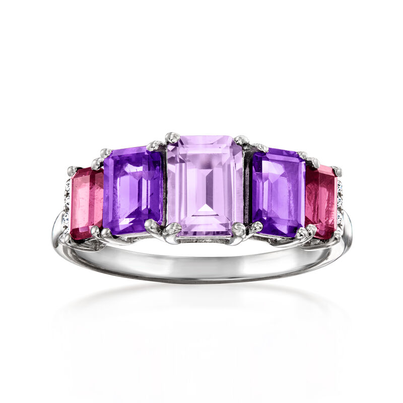 2.00 ct. t.w. Amethyst and .80 ct. t.w. Rhodolite Garnet Five-Stone Ring with Diamonds in Sterling Silver image number 0