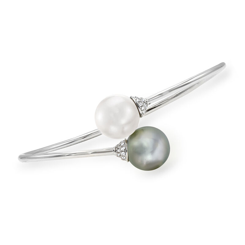 11-12mm Black Cultured Tahitian and White Cultured South Sea Pearl Bypass Bangle Bracelet with .20 ct. t.w. Diamonds in 18kt White Gold. 7.5&quot; image number 0