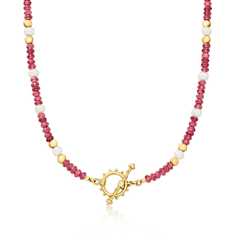 C. 1990 Vintage 5x4mm Cultured Pearl and 24.00 ct. t.w. Rhodolite Garnet Bead Toggle Necklace in 18kt Yellow Gold. 18.5" image number 0