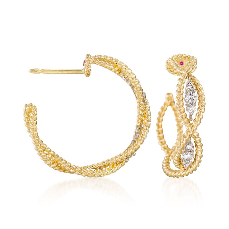Roberto Coin &quot;Barocco&quot; .30 ct. t.w. Diamond Braided Hoop Earrings in 18kt Yellow Gold. 3/4&quot; image number 0
