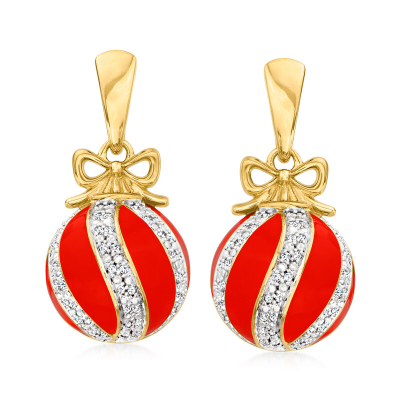 .25 ct. t.w. Diamond and Red Enamel Christmas Ornament Drop Earrings in 18kt Gold Over Sterling image number 0