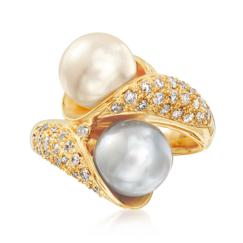 C. 1990 Vintage 8.5mm Cultured Pearl and .60 ct. t.w. Bypass Ring in 18kt Yellow Gold. Size 6 image number 0