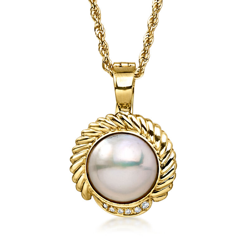 C. 1980 Vintage 13.5mm Cultured Mabe Pearl Pendant Necklace with Diamonds in 14kt Yellow Gold. 18" image number 0