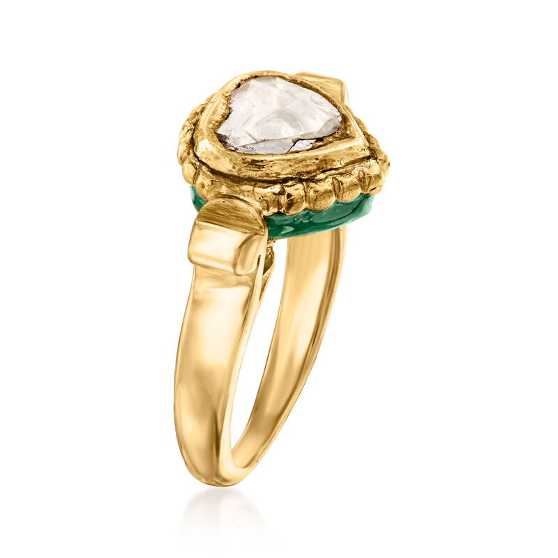 C. 1990 Vintage .55 Carat Heart-Shaped Diamond Slice Ring with Green Enamel in 18kt Yellow Gold. Size 5 image number 2
