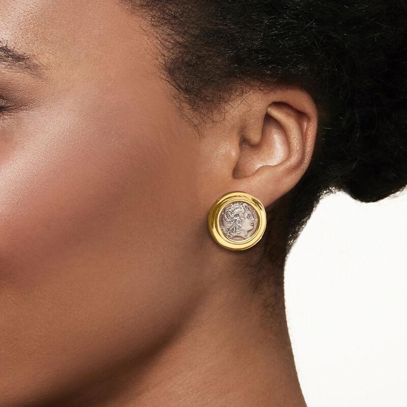 C. 1980 Vintage 14kt Yellow Gold and Sterling Silver Greek Coin Earrings image number 1