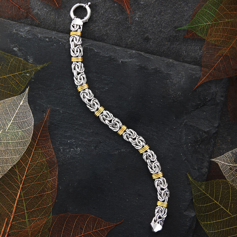 Sterling Silver and 14kt Yellow Gold Byzantine Station Bracelet image number 3