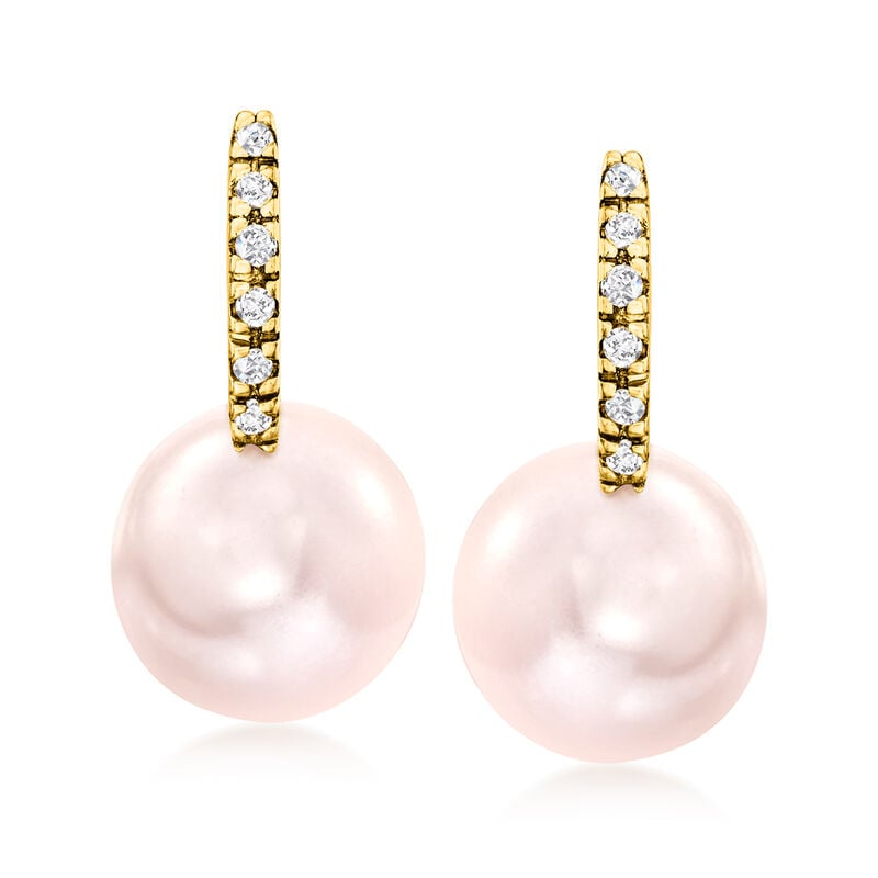 8-8.5mm Pink Cultured Pearl Huggie Hoop Drop Earrings with Diamonds in 14kt Yellow Gold. 1/2&quot; image number 0