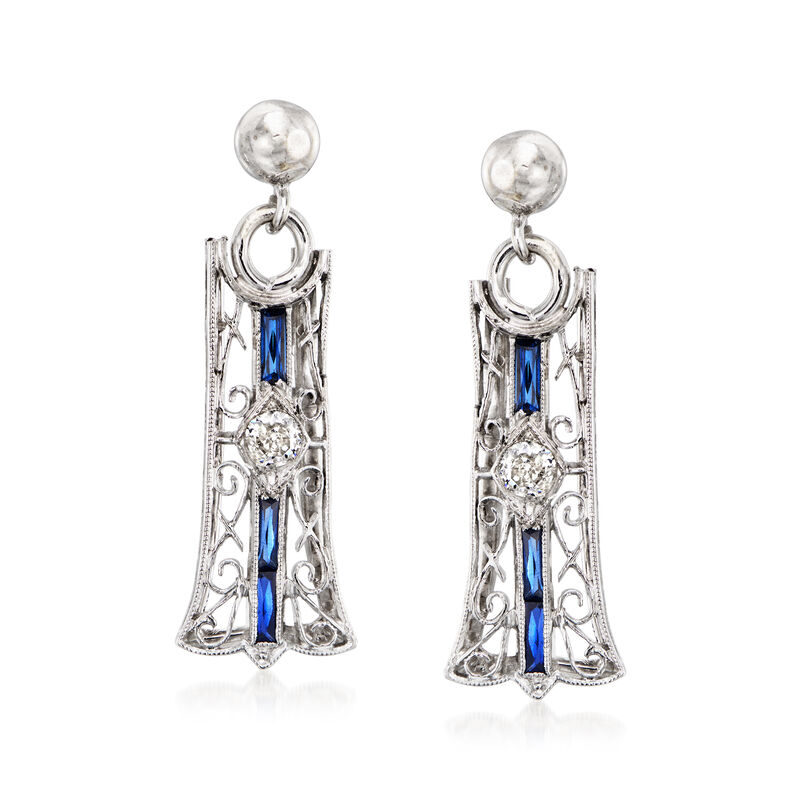 C. 1950 Vintage .40 ct. t.w. Synthetic Sapphire Drop Earrings with .16 ct. t.w. Diamonds in Platinum image number 0