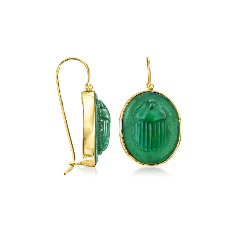 Italian Tagliamonte Green Agate Scarab Drop Earrings in 18kt Gold Over Sterling  image number 2