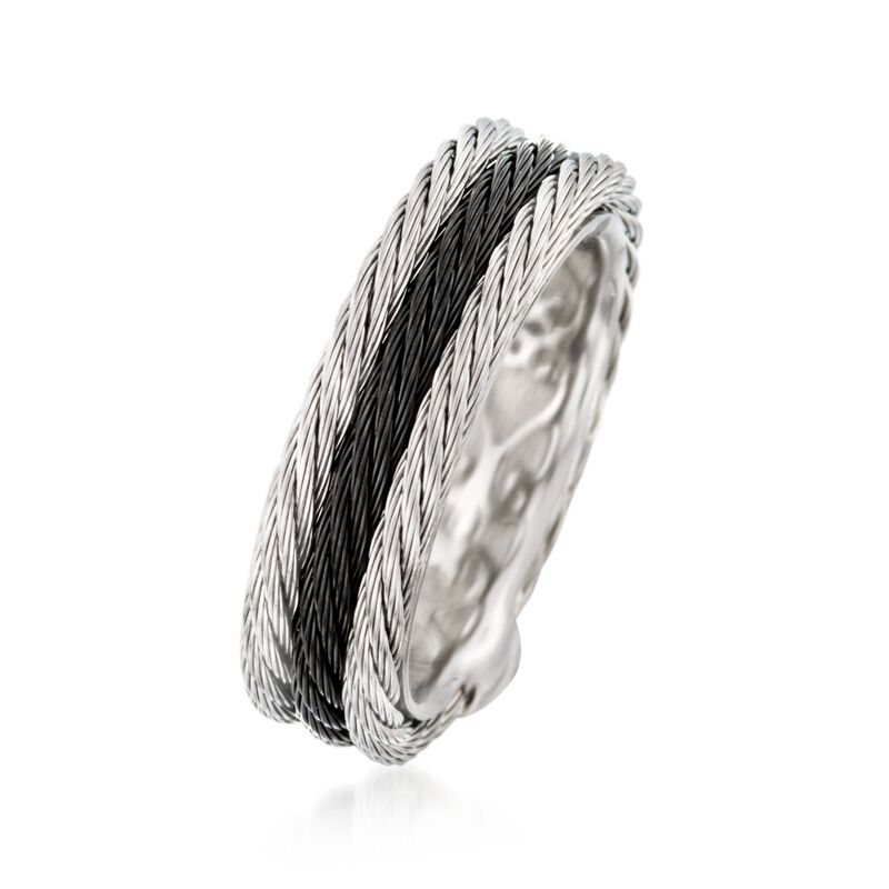 ALOR &quot;Noir&quot; Black and Gray Stainless Steel Cable Ring. Size 7 image number 2