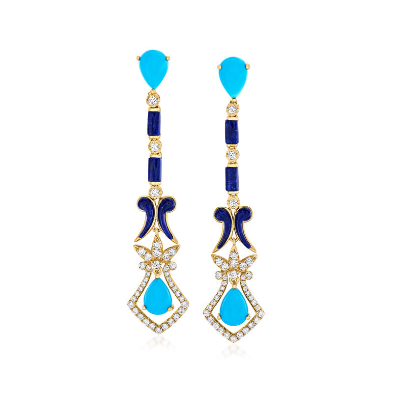 Turquoise, Lapis and .85 ct. t.w. Diamond Drop Earrings in 18kt Yellow Gold image number 0