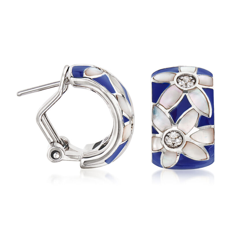 Belle Etoile &quot;Moonflower&quot; Blue Enamel and .10 ct. t.w. CZ Hoop Earrings in Sterling Silver. 5/8&quot; image number 2