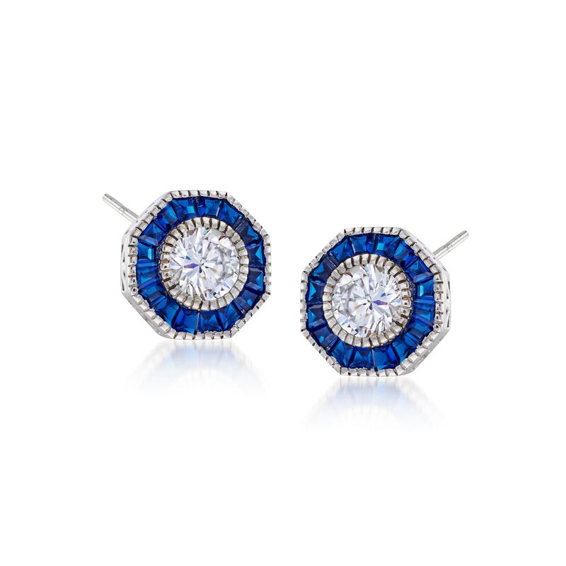 .60 ct. t.w. Simulated Sapphire and 1.00 ct. t.w. CZ Octagon Earrings in Sterling Silver image number 0