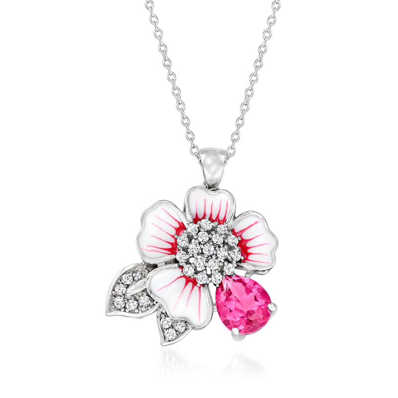 1.90 ct. t.w. Pink and White Topaz Flower Pendant Necklace with Pink and White Enamel in Sterling Silver. 18&quot; image number 1
