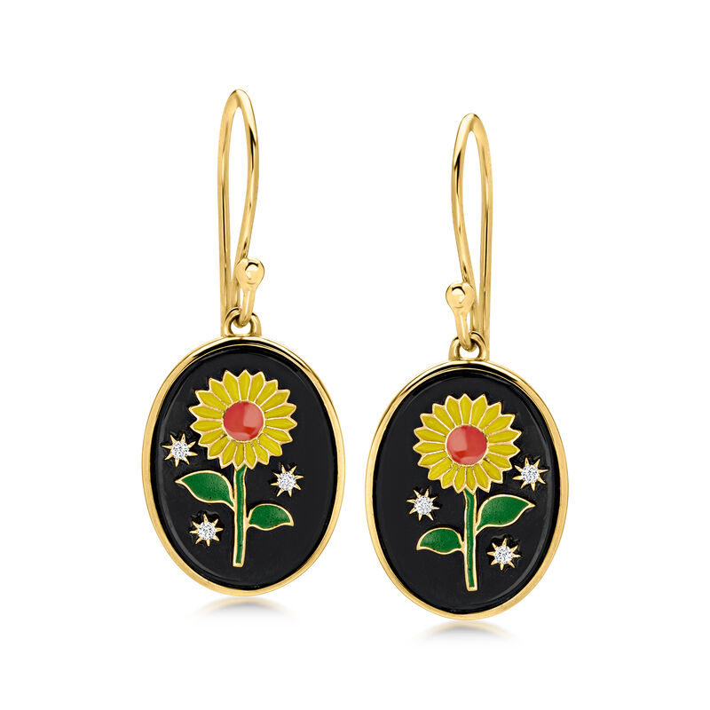Onyx and Multicolored Enamel Sunflower Drop Earrings with White Topaz in 18kt Gold Over Sterling  image number 0