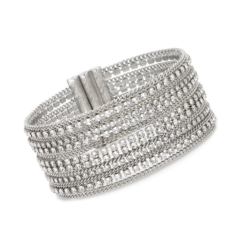 Swarovski Crystal Multi-Row Chain-Link Bracelet in Silvertone. 7" image number 0