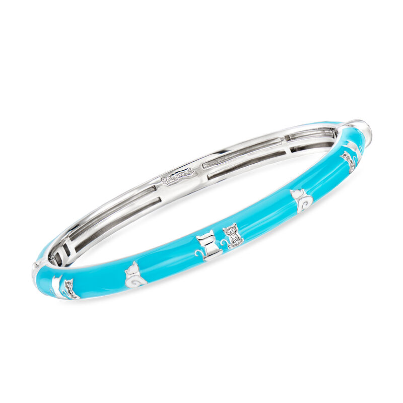 Belle Etoile &quot;Cats&quot; White and Turquoise-Colored Enamel Bangle Bracelet with CZs in Sterling Silver. 7&quot; image number 0