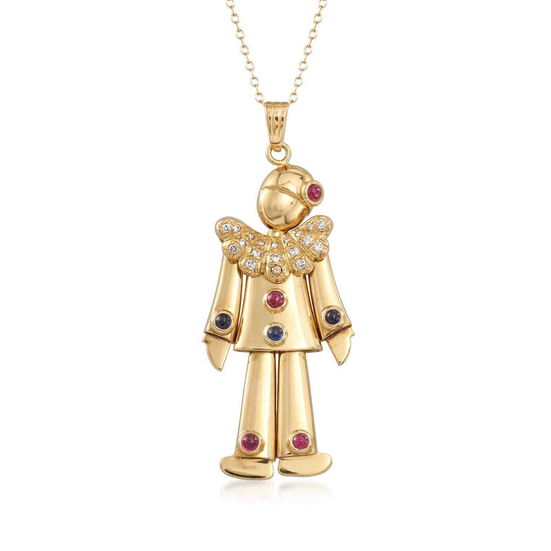C. 1980 Vintage .40 ct. t.w. Ruby and .30 ct. t.w. Sapphire Clown Pendant Necklace with Diamonds in 14kt and 18kt Gold. 18&quot; image number 1