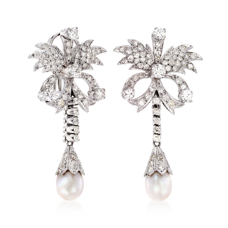C. 1980 Vintage Cultured Pearl and 2.60 ct. t.w. Diamond Floral Drop Earrings in Sterling Silver image number 2