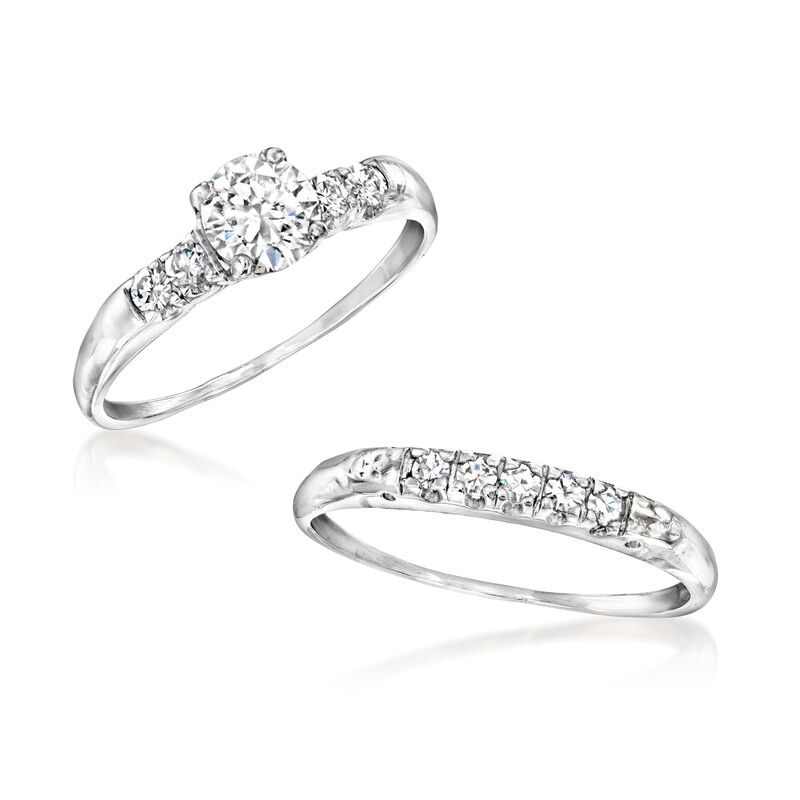 C. 1950 Vintage .77 ct. t.w. Diamond Bridal Set: Engagement and Wedding Rings in Palladium and Platinum. Size 6 image number 3