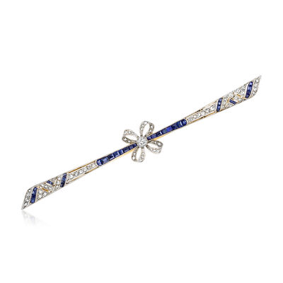 C. 1930 Vintage .80 ct. t.w. Synthetic Sapphire and .60 ct. t.w. Diamond Bar Bow Pin in Platinum and 18kt Yellow Gold