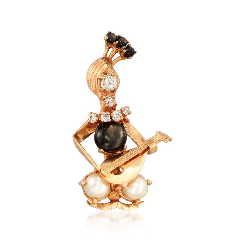 C. 1960 Vintage 3.90 ct. t.w. Star Sapphire and 7mm Cultured Pearl Lute Player Pin with Diamonds in 14kt Gold image number 0