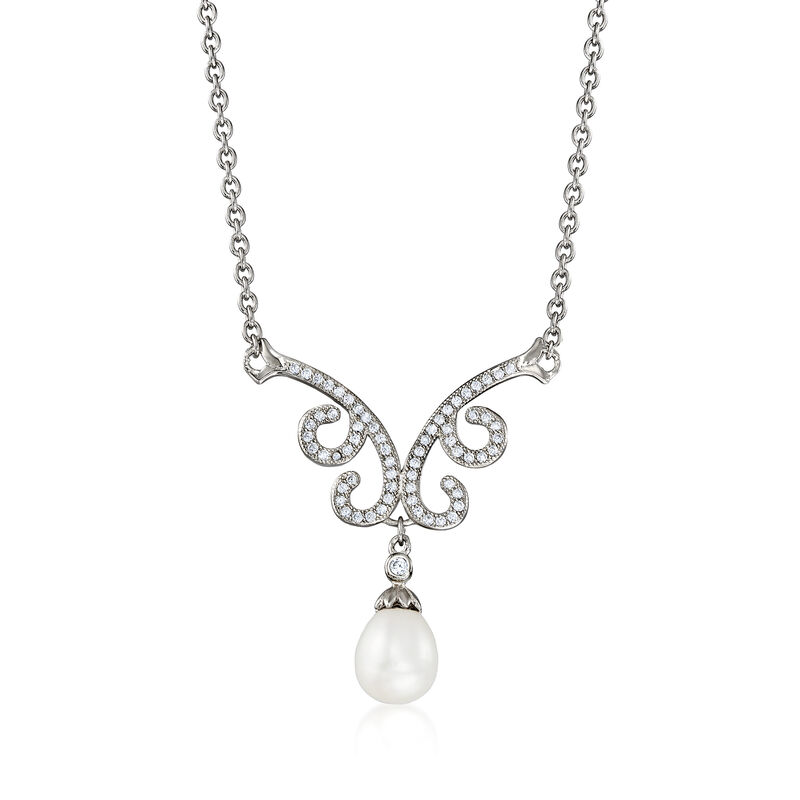8-8.5mm Cultured Pearl and .60 ct. t.w. White Topaz Drop Necklace in Sterling Silver image number 0