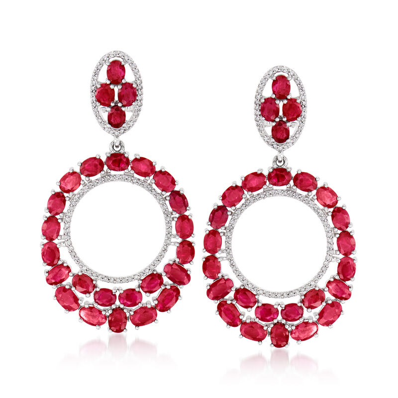13.55 ct. t.w. Ruby and .56 ct. t.w. Diamond Open-Circle Drop Earrings in 14kt White Gold image number 0