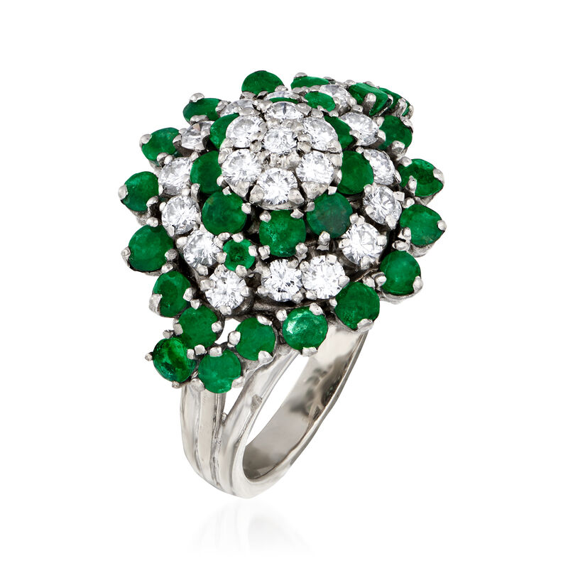 C. 1980 Vintage 1.80 ct. t.w. Emerald and 1.20 ct. t.w. Diamond Flower Cluster Ring in 14kt White Gold. Size 5.25 image number 2
