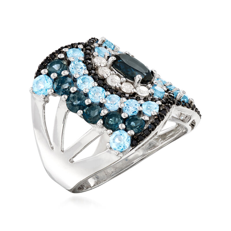 3.50 ct. t.w. Blue Topaz and .40 ct. t.w. White Zircon Ring with Black Spinel in Sterling Silver image number 2