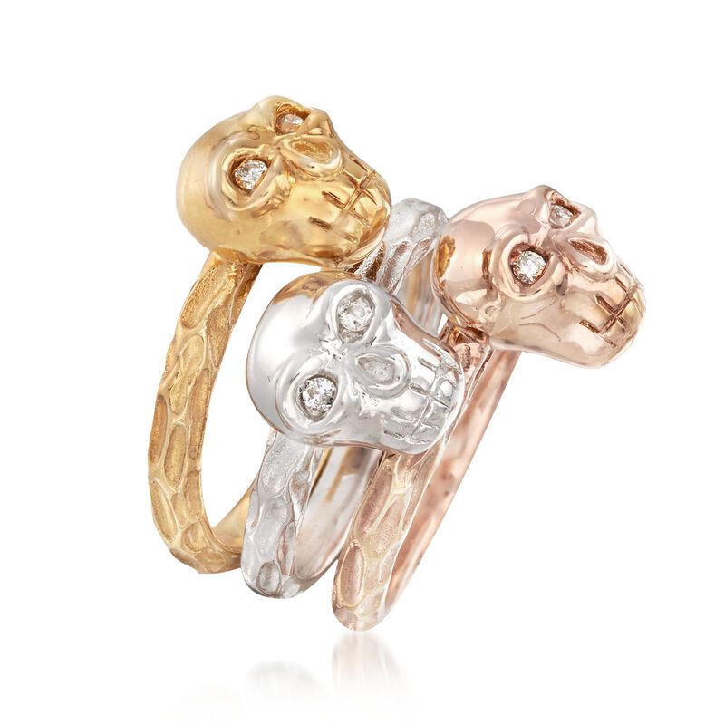 Tri-Colored Sterling Silver Skull Jewelry Set: Three Rings with .11 ct. t.w. Diamonds. Size 5 image number 4