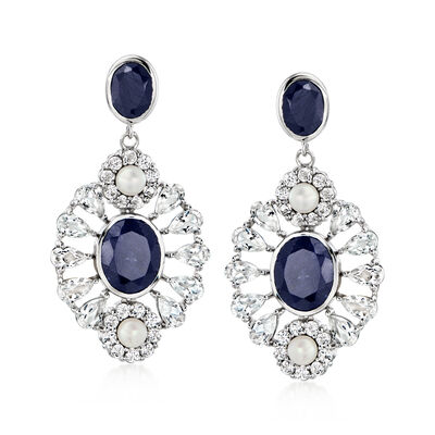 4-4.5mm Cultured Pearl and 11.00 ct. t.w. Sapphire Drop Earrings with 6.40 ct. t.w. White Topaz in Sterling Silver