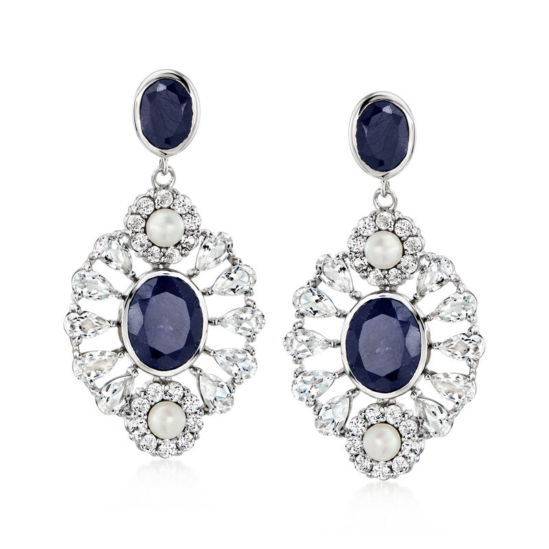 4-4.5mm Cultured Pearl and 11.00 ct. t.w. Sapphire Drop Earrings with 6.40 ct. t.w. White Topaz in Sterling Silver  image number 0