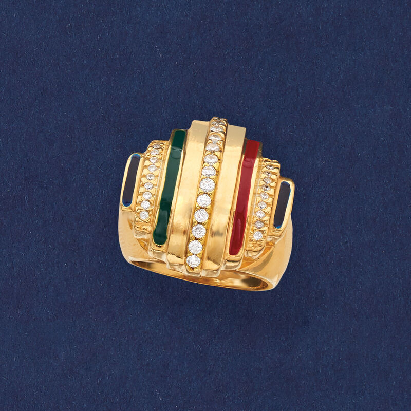 Italian .35 ct. t.w. CZ and Multicolored Enamel Ring in 18kt Yellow Gold Over Sterling Silver image number 4