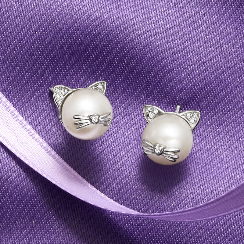 8-8.5mm Cultured Pearl Cat Earrings with Diamonds in Sterling Silver image number 4